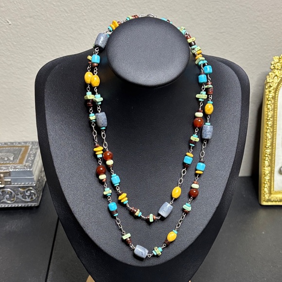 Silpada Silver Multi Color Natural Stone Turquoise Agate Long Necklace Boho